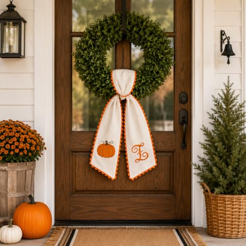 Halloween Pumpkin Wreath Sash - Fall Front Door Decor with Embroidered Trim