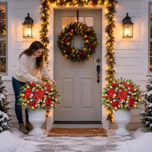 2 Pieces Christmas Urn Filler with Pre-Lit Artificial Poinsettia & Lights