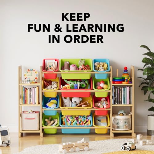Kids Toy Storage Organizer with 12 Bins and Bookshelf, Pine Wood