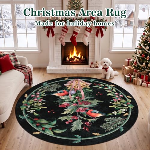 nesrt Black Christmas Round Washable Area Rug 6ft Non-Slip Holiday Carpet - Xmas Black, Round