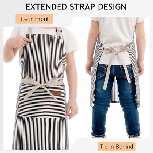 2-Pack Kids Striped Cotton Linen Aprons with Pockets for Cooking & Crafts