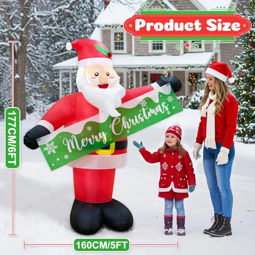 OurWarm 6 FT Santa Claus Inflatable with Detachable Banner - Outdoor Xmas Yard Decoration