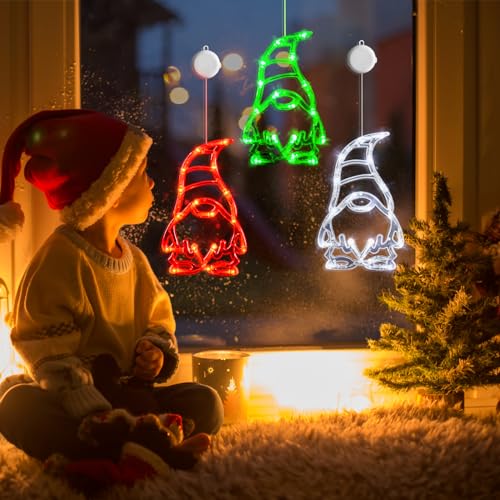 LOLStar 3 Pack Gnomes Christmas Window Lights with Suction Cups - Timer & Fade Mode, Battery Operated