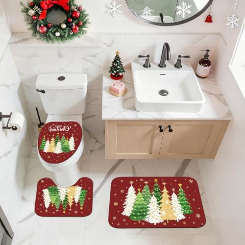 Christmas Tree Shower Curtain Set 4Pcs with Non-Slip Rug, Toilet Lid Cover & Bath Mat
