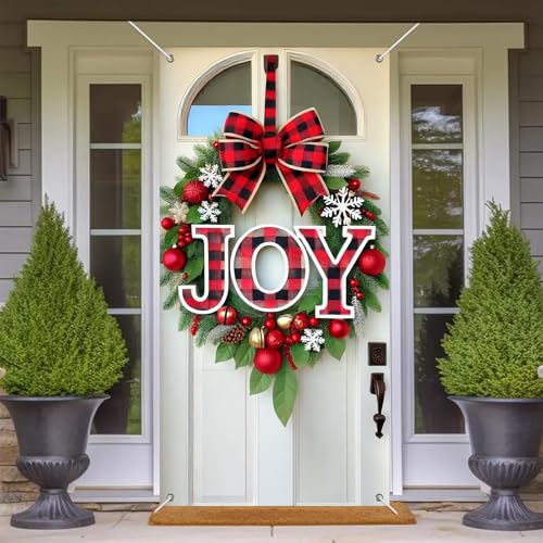 Christmas Door Cover Bow Buffalo Plaid 35x71 Inch Polyester Decor