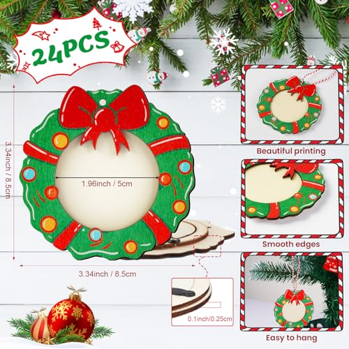 24 Pcs Christmas Wooden Picture Frame Ornaments - DIY Personalizable Holiday Decor
