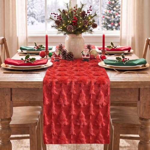 Artoid Mode Red Christmas Tree Table Runner 13x120 Inch Faux Fur Holiday Decor