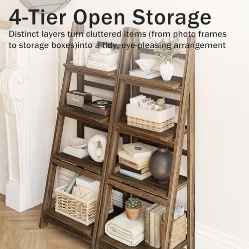 4-Tier Foldable Solid Wood Ladder Shelf, Portable Bookshelf & Plant Stand