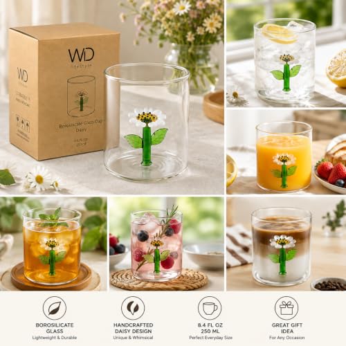 WD Lifestyle Daisy Borosilicate Glass Cup 8.4 Fl Oz - Clear Floral Drinking Glass