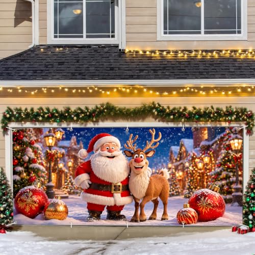 THISFIND 7x16 FT Santa & Reindeer Christmas Garage Door Banner - Outdoor Wall Mural