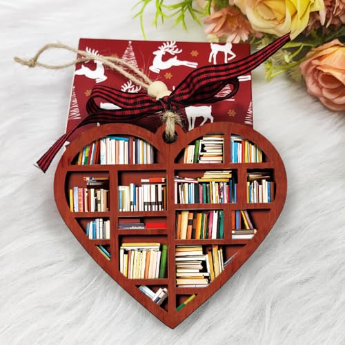 Heart Bookshelf Christmas Ornament, Wooden Book Lover Gift for Readers