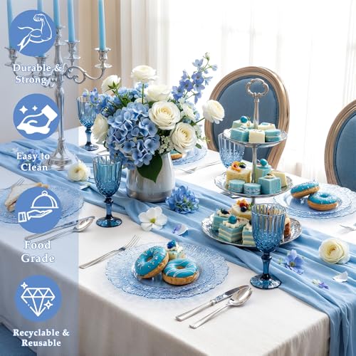 Blue Disposable Plastic Plates Set 60 Pcs - Clear Blue Water Ripple Design, 10