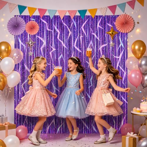 2 Pack Purple Holographic Foil Fringe Curtains - 3.3 x 6.6 ft Party Backdrop
