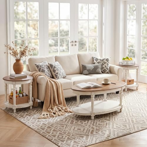 3-Piece French Country Coffee and End Table Set with Storage Shelves