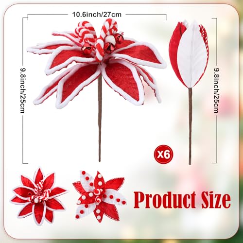 Daifunli 6 Pcs Large Christmas Candy Cane Poinsettia Tree Picks with Berries – Red & White, 10.6 Inches Holiday Ornaments for Xmas Decor