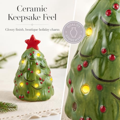 Mud Pie Light Up Christmas Tree Sitter – Green Stoneware LED Tabletop Decor