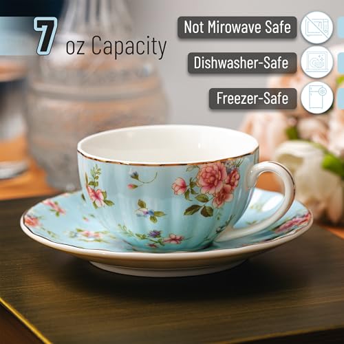 Pastel Blooms Floral Porcelain Tea Cups Set of 6 – Rose Teacups for Tea Party