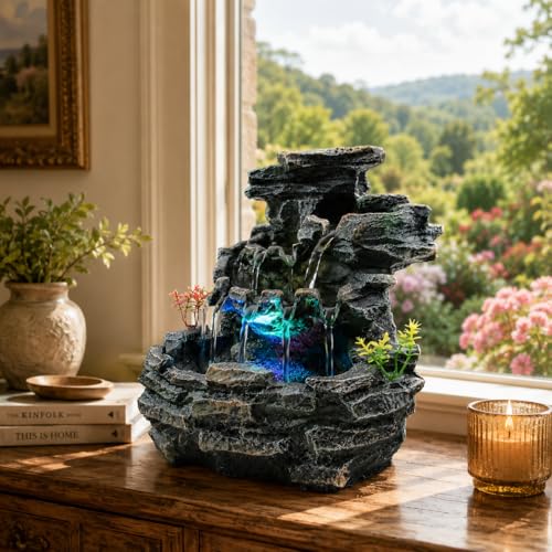9-Inch Indoor Tabletop Water Fountain with LED Light, Zen Waterfall Decor