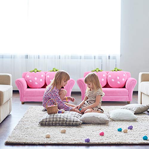Kids Double Sofa with Strawberry Pillows - Pink Toddler Loveseat