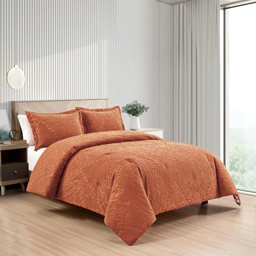Velvet Jacquard Comforter Set 3-Piece Queen Bedding with Shams - Terracotta