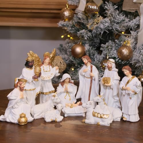 Nativity Set 12 Pcs Christmas Figures, 6 inch White Indoor Catholic Manger Scene (Aunniqum)