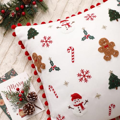 Oudain Christmas Tree Pillow Covers 18x18 Set of 2 with Red Pom Pom Trim - Gingerbread Man & Snowman December Holiday Throw Cushions, 18x18, Velvet