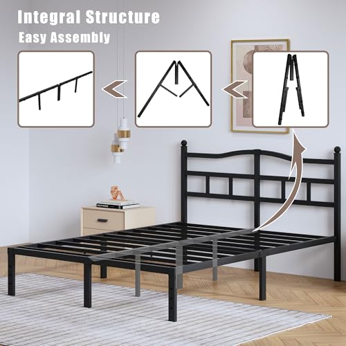 Queen Size 14-Inch Metal Platform Bed Frame with Headboard, Heavy Duty