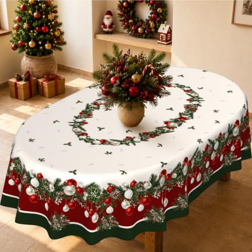 Christmas Tablecloth Oval 60x84 Inch - Xmas Ball Pattern Holiday Decor, Yrhsnclsdg