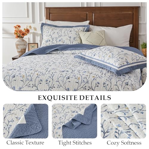 Oversized King Bedspread Set - 100% Cotton Floral Quilt 128x120