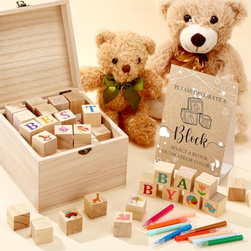 136-Piece Baby Shower Wooden Building Blocks Game Set with Markers