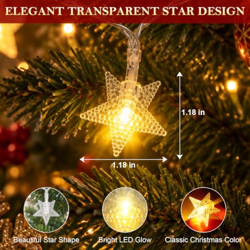 Battery Operated 20ft Christmas Star String Lights with 60 Warm White LEDs