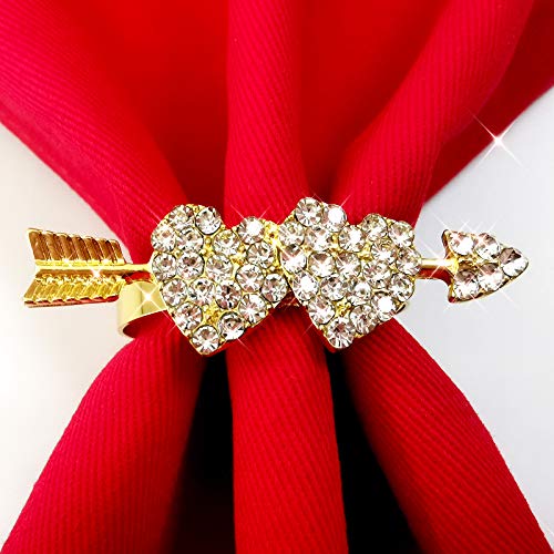 Kalopro Heart Gold Valentine Napkin Rings Set of 6 with Diamonds - Wedding & Party Decor
