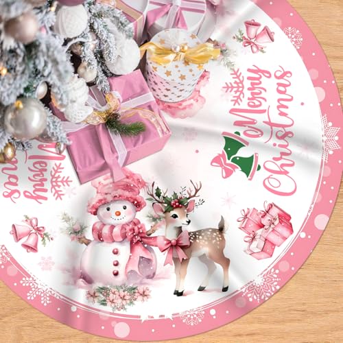 48 Inch Pink Christmas Tree Skirt with Snowman Design - Holiday Decor