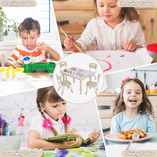 GITAWUSA Toddler Table & 4 Chairs Set, Height Adjustable, 31.5x23.6 Beige, Kids Play & Study