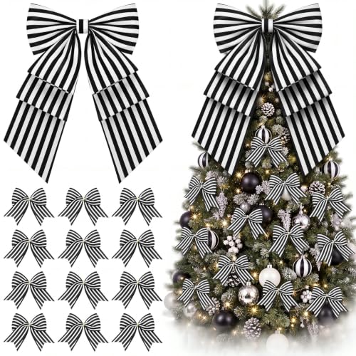 Black and White Christmas Tree Topper Bow Set - 13pcs Holiday Decor
