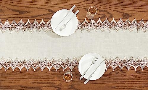 Natural Linen Table Runner 16 x 72 Inches Beige Lace for Dining & Decor