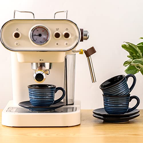 HASENSE Navy Blue 4oz Espresso Cups Set of 4 with Saucers - Small Ceramic Coffee Mugs for Espresso, Cappuccino, Tea, Latte