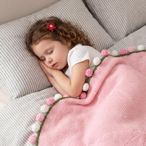 LOKOZ Pink Rose Crochet Flower Bouquet Blanket 31x31 Inches – Gift for Women