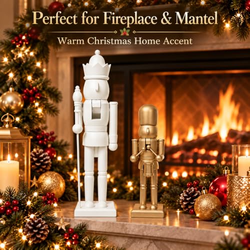 Nutcracker Christmas Decor Set, 2-Pack White & Gold – Royal King & drummer Figurines, 15in & 9.85in (Variation: Whitegolden) by Tngan