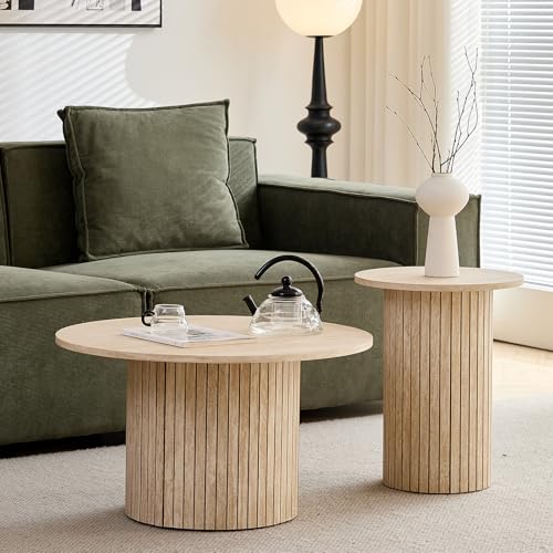 Round Nesting Coffee Table Set of 2, Modern Wood Accent Tables for Living Room