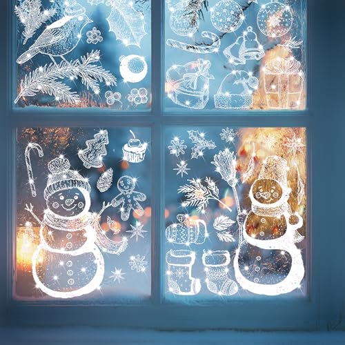 Glitter Christmas Window Clings - 9 Sheets Snowman Gingerbread Bell Window Decor