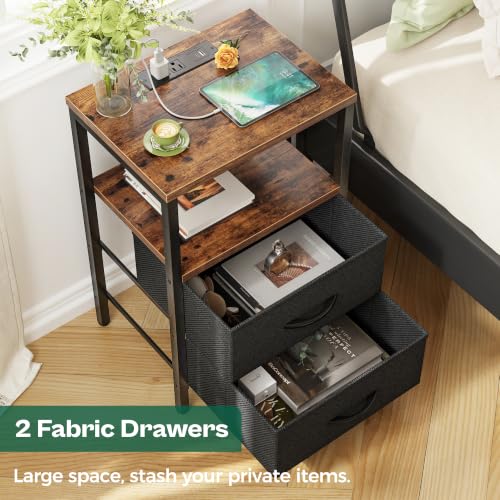 Nightstand with Charging Station, 2 Fabric Drawers & Storage Shelf