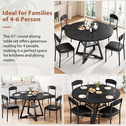 5-Piece Round Dining Table Set for 4 with Storage Shelf, 42-Inch Black