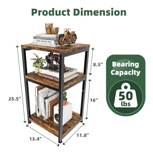 3-Tier Side Table with Storage Shelf, Rustic Brown Nightstand for Living Room