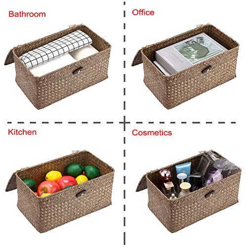 Handwoven Seagrass Storage Basket with Lid Medium Rectangular Shelf Bin