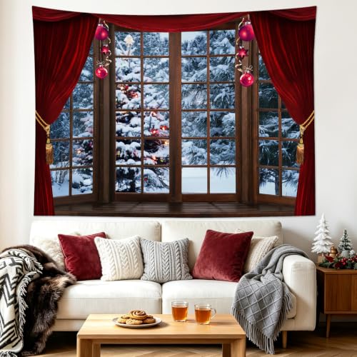LB Winter Forest Tapestry Red 60W x 40H Inches – Christmas Pine Tree Curtain Window Wall Hanging