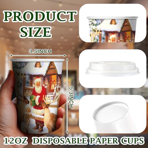 Gerrii 100-Piece Christmas Paper Cups 12 oz with Lids - Vintage Rural Style