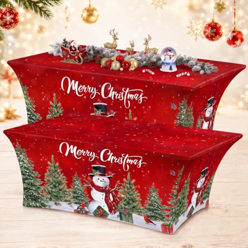 Merry Christmas Stretch Table Cover 2 Pack for 6ft Tables Red Snowman Pine Tree