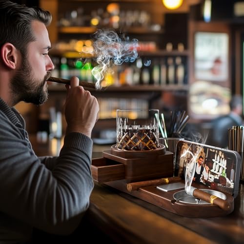 Acacia Wood Cigar Ashtray and Whiskey Glass Tray with Storage Drawer