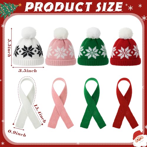 Geyoga Mini Santa Hat and Scarf Set for DIY Holiday Decorations Snowflake Pattern (8 Pieces, Red, Green, White, Pink)